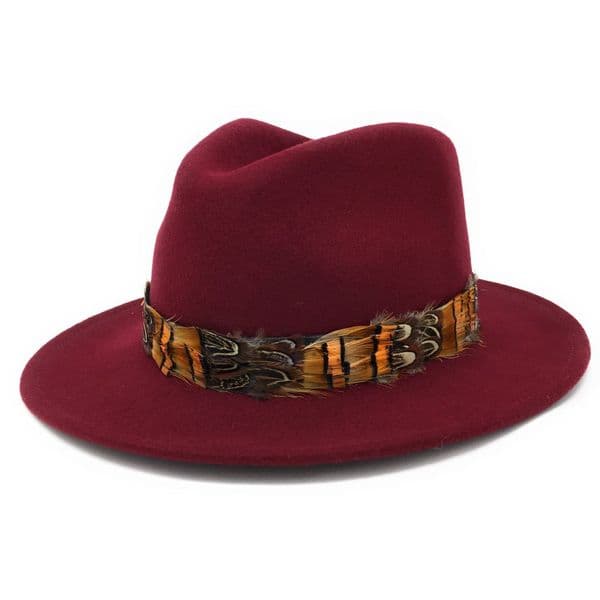Womens Wool Burgundy Fedora Hat with Country Feather Wrap Trim - Mickleton
