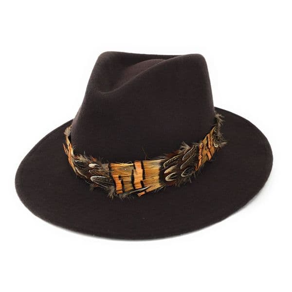 Womens Wool Brown Fedora Hat with Country Feather Wrap Trim - Mickleton