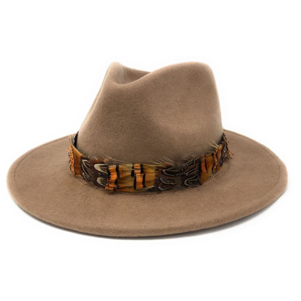 Womens Wool Camel Fedora Hat with Country Feather Wrap Trim