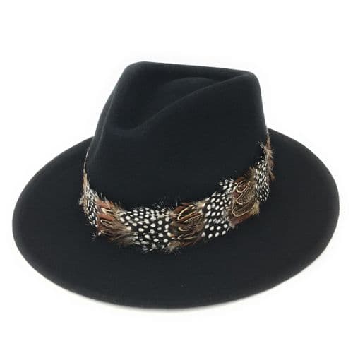 Wool Black Fedora Hat with Country Feather Wrap Trim - Chadlington