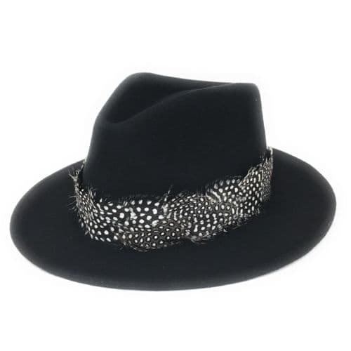 Wool Black Fedora Hat with Country Feather Wrap Trim - Charingworth