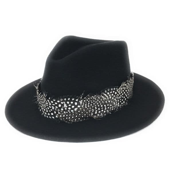 Wool Black Fedora Hat with Country Feather Wrap Trim - Charingworth