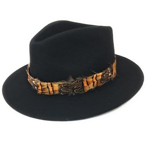 Wool Black Fedora Hat with Country Feather Wrap Trim - Mickleton