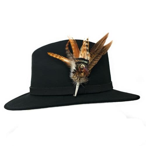 Wool Black Fedora Hat with Leather Belt Trim and Country Feather Brooch - Naunton