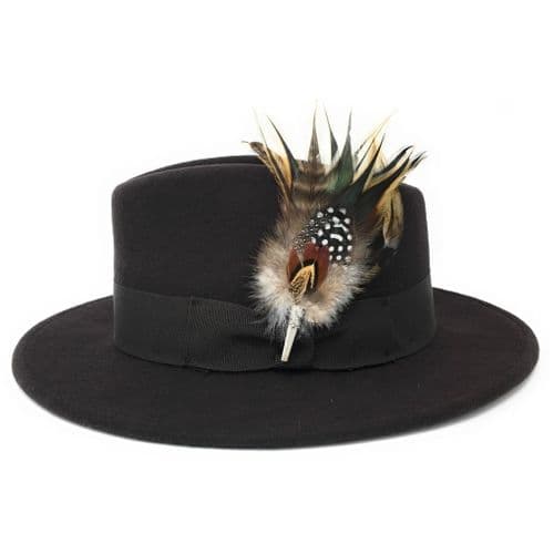 Wool Brown Fedora Hat with Country Feather Brooch - Burford