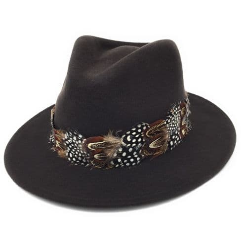 Wool Brown Fedora Hat with Country Feather Wrap Trim - Chadlington