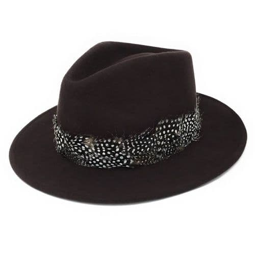 Wool Brown Fedora Hat with Country Feather Wrap Trim - Charingworth