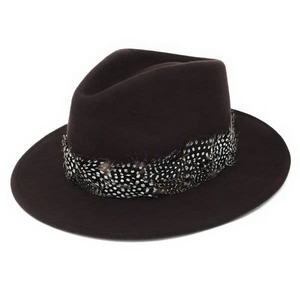 Wool Brown Fedora Hat with Country Feather Wrap Trim - Charingworth