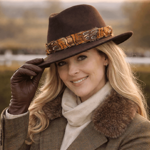 Wool Brown Fedora Hat with Country Feather Wrap Trim - Mickleton