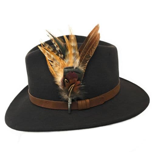Wool Brown Fedora Hat with Leather Belt Trim and Country Feather Brooch - Naunton