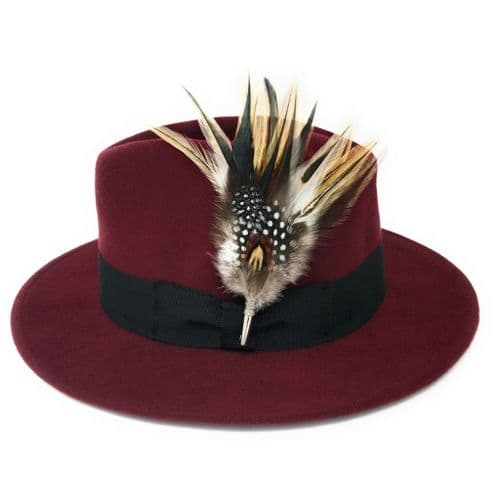 Wool Burgundy Fedora Hat with Country Feather Brooch - Burford