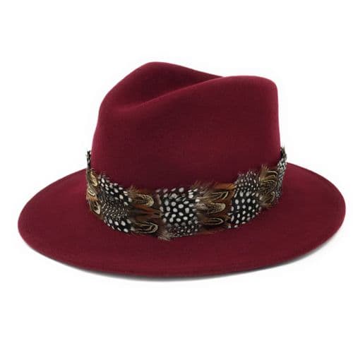Wool Burgundy Fedora Hat with Country Feather Wrap Trim - Chadlington