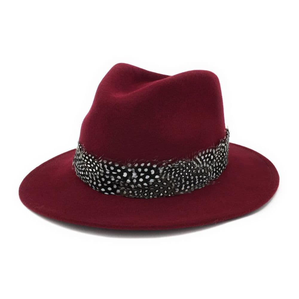 Wool Burgundy Fedora Hat with Country Feather Wrap Trim  display picture 3