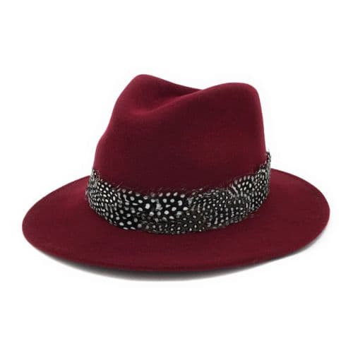 Wool Burgundy Fedora Hat with Country Feather Wrap Trim - Charingworth
