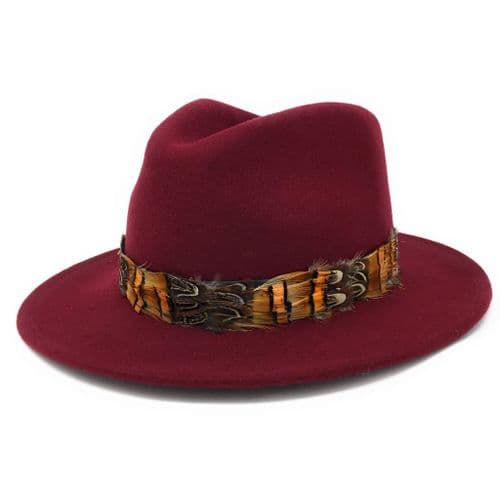 Wool Burgundy Fedora Hat with Country Feather Wrap Trim - Mickleton