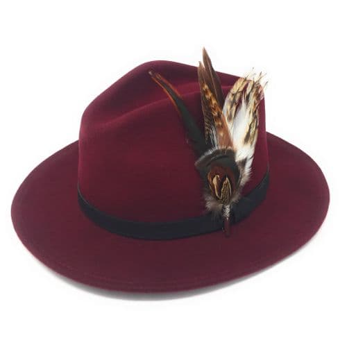 Wool Burgundy Fedora Hat with Leather Belt Trim and Country Feather Brooch - Naunton