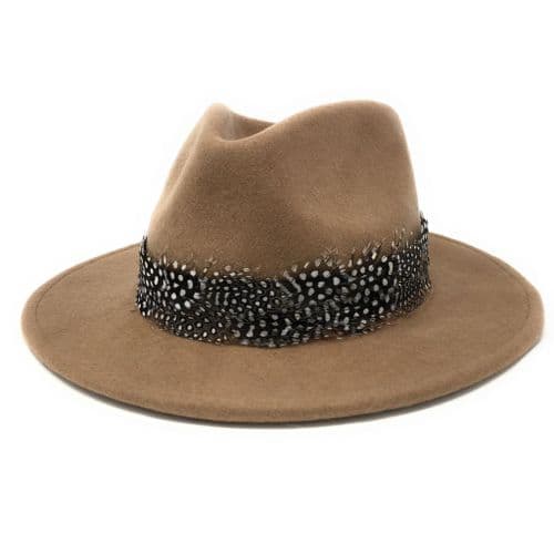 Wool Camel Fedora Hat with Country Feather Wrap Trim - Charingworth
