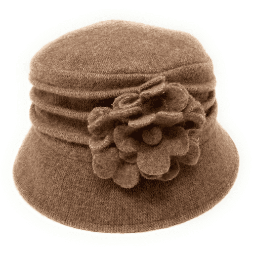 Wool Cloche Bucket Hat with Flower - Camel