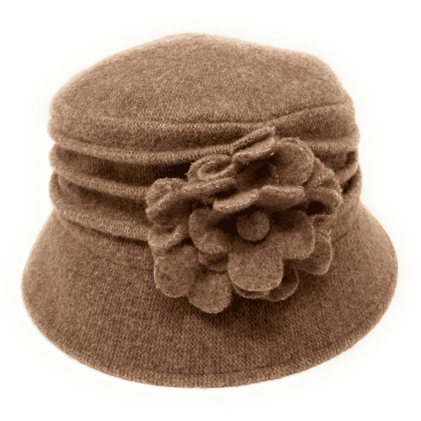 Wool Cloche Bucket Hat with Flower - Camel