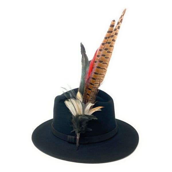 Wool Fedora Hat with Leather Belt Trim and Country Feather Brooch - Rissington