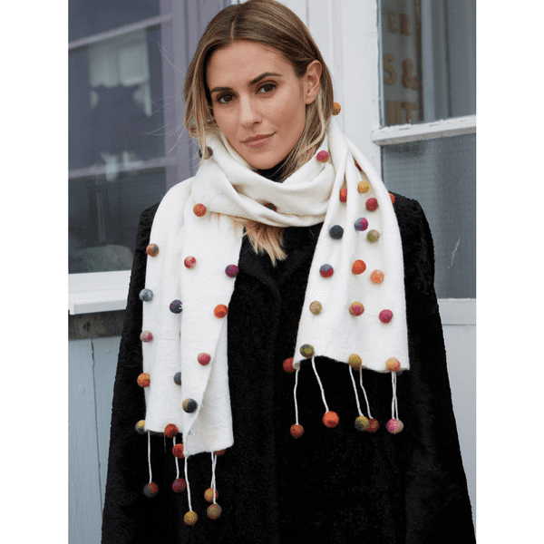 Wool Felt Scarf Cream with multi coloured bobbles - Montpellier