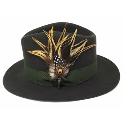 Wool Green Fedora Hat with Country Feather Brooch - Burford