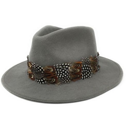 Wool Grey Fedora Hat with Country Feather Wrap Trim - Chadlington
