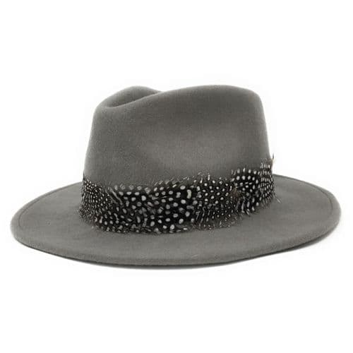 Wool Grey Fedora Hat with Country Feather Wrap Trim - Charingworth