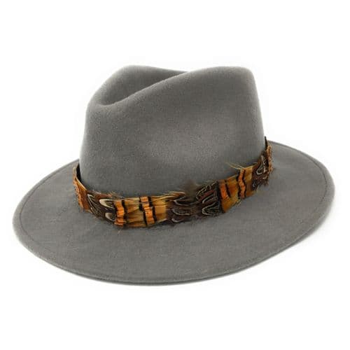 Wool Grey Fedora Hat with Country Feather Wrap Trim - Mickleton