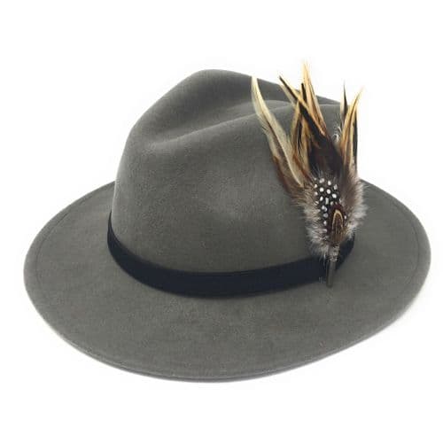Wool Grey Lined Fedora Hat with Leather Belt Trim and Country Feather Brooch - Greystone