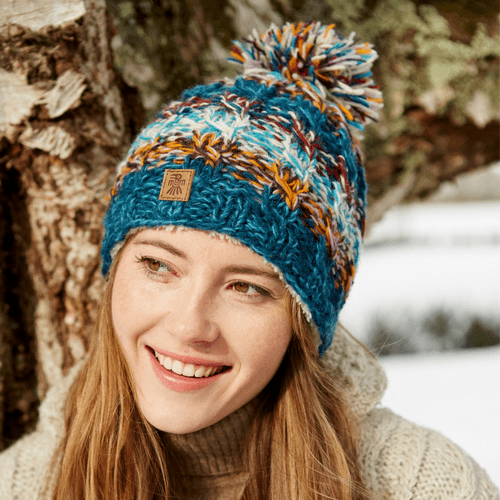 Wool Knitted Fully Lined Bobble Hat - Utrecht Blue/Green
