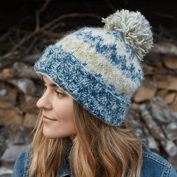 Wool/Mohair Knitted Bobble Hat - Blue/Green Totnes Spruce