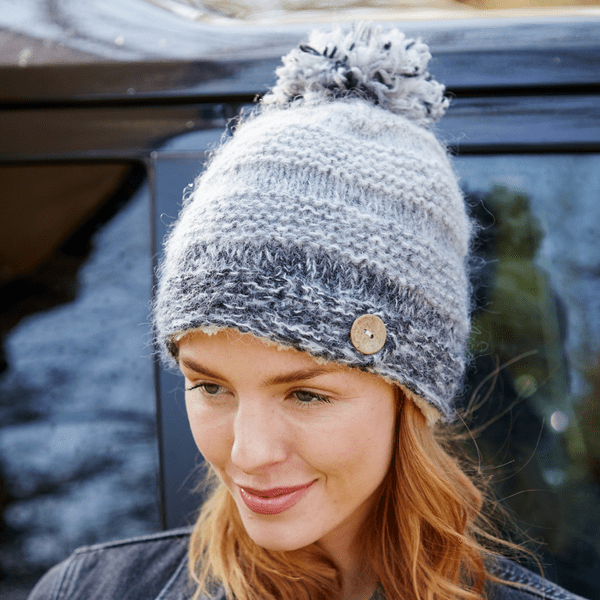 Wool/Mohair Knitted Fully Lined Bobble Hat - Sierra Nevada Smoke