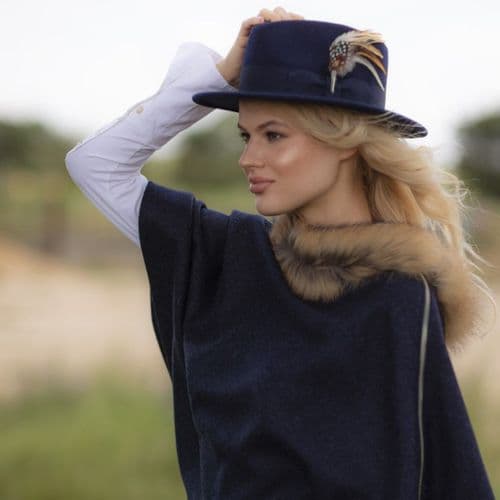 Wool Navy Blue Fedora Hat with Country Feather Brooch - Burford