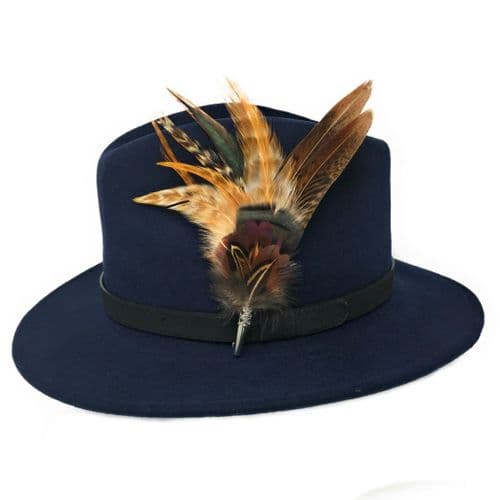 Wool Navy Blue Fedora Hat with Leather Belt Trim and Country Feather Brooch - Naunton