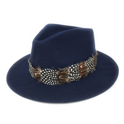 Wool Navy Fedora Hat with Country Feather Wrap Trim - Chadlington