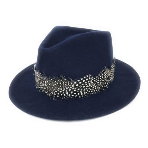 Wool Navy Fedora Hat with Country Feather Wrap Trim - Charingworth