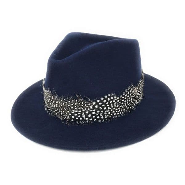 Wool Navy Fedora Hat with Country Feather Wrap Trim - Charingworth