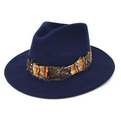 Wool Navy Fedora Hat with Country Feather Wrap Trim - Mickleton