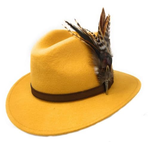 Yellow Fedora Hat with Country Feather Brooch - Bourton