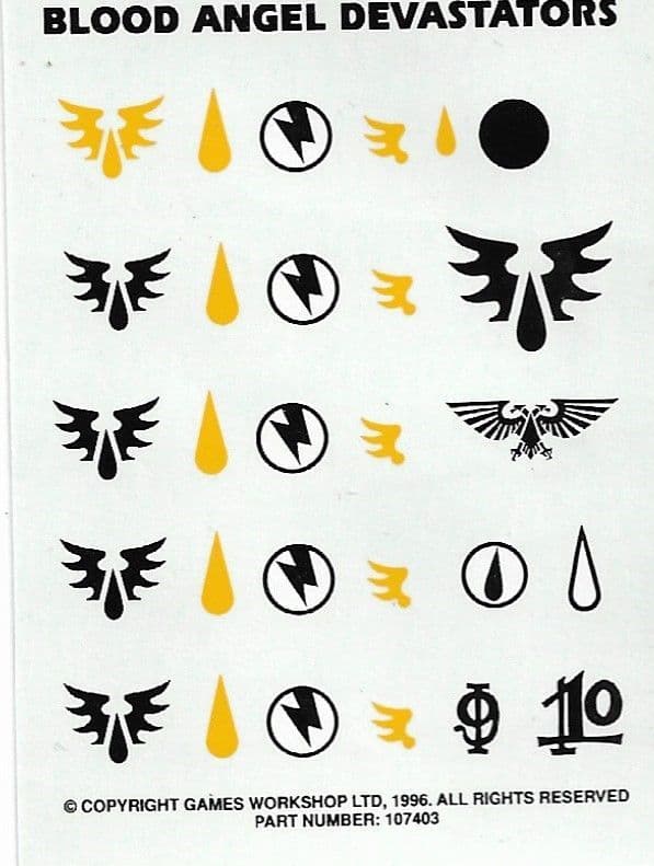 Blood Angel Devastators Transfer Sheet Decals 1996