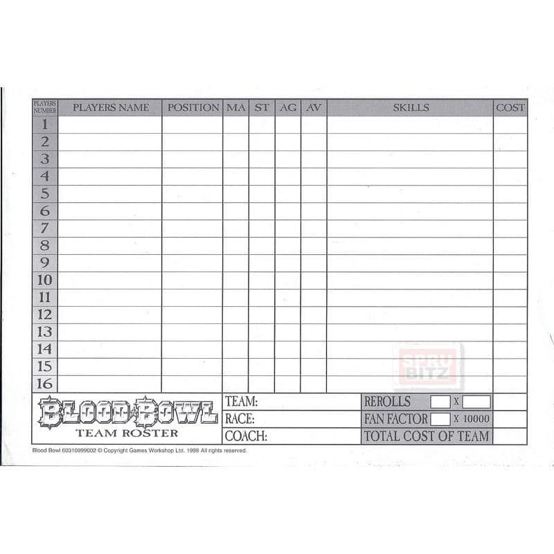 Blood Bowl Team Roster sheets Bloodbowl x10 A5