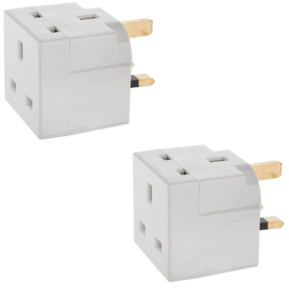2 Way Socket Adaptor Mains UK Standard Plug 13 Amp Fused 3 Pin In White x 2