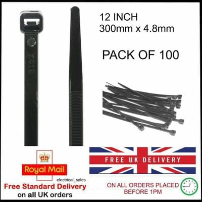 Plastic Black Strong Cable Ties Zip Up Wraps 12 Inch 300mm X 4.8mm 100 Per Pack