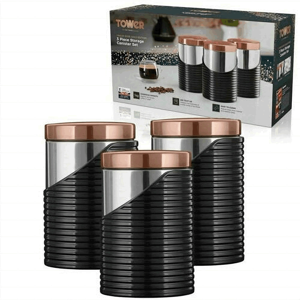 Tower Kitchen Canisters Coffee Sugar Tea In Black and Rose Gold