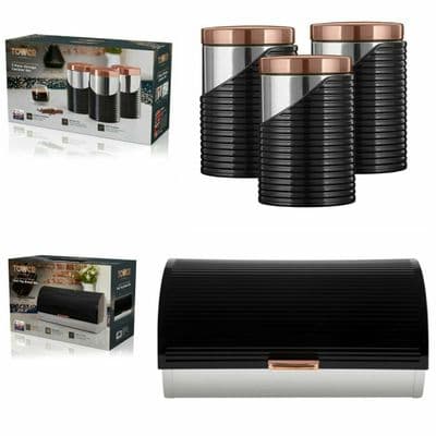 Tower Roll Top Bread Bin & Set Of 3 Canisters Black & Rose Gold Stainless Steel