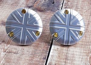 TPS Carb/Throttle Body Caps: Union Jack Silver (Pair) Bonneville Bobber Thruxton Speed Twin.