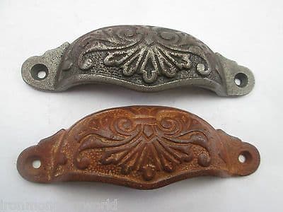 10 X ANTIQUE AGED VICTORIAN IRON SHELL CUPPED CUP PULL DRAWER CUPBOARD HANDLE