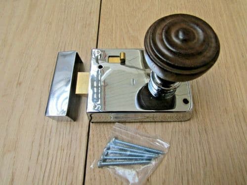 4" Rim Latch Polished Chrome & Bun Rimmed Teak + Chrome Set