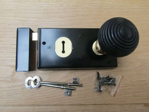 5.5" Rim Lock Black & Beehive Ebony + Brass Set
